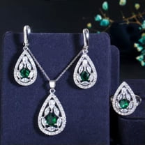 Royal Blue CZ Women Dangle Drop Necklace Huggie Earrings and Ring Jewelry Sets