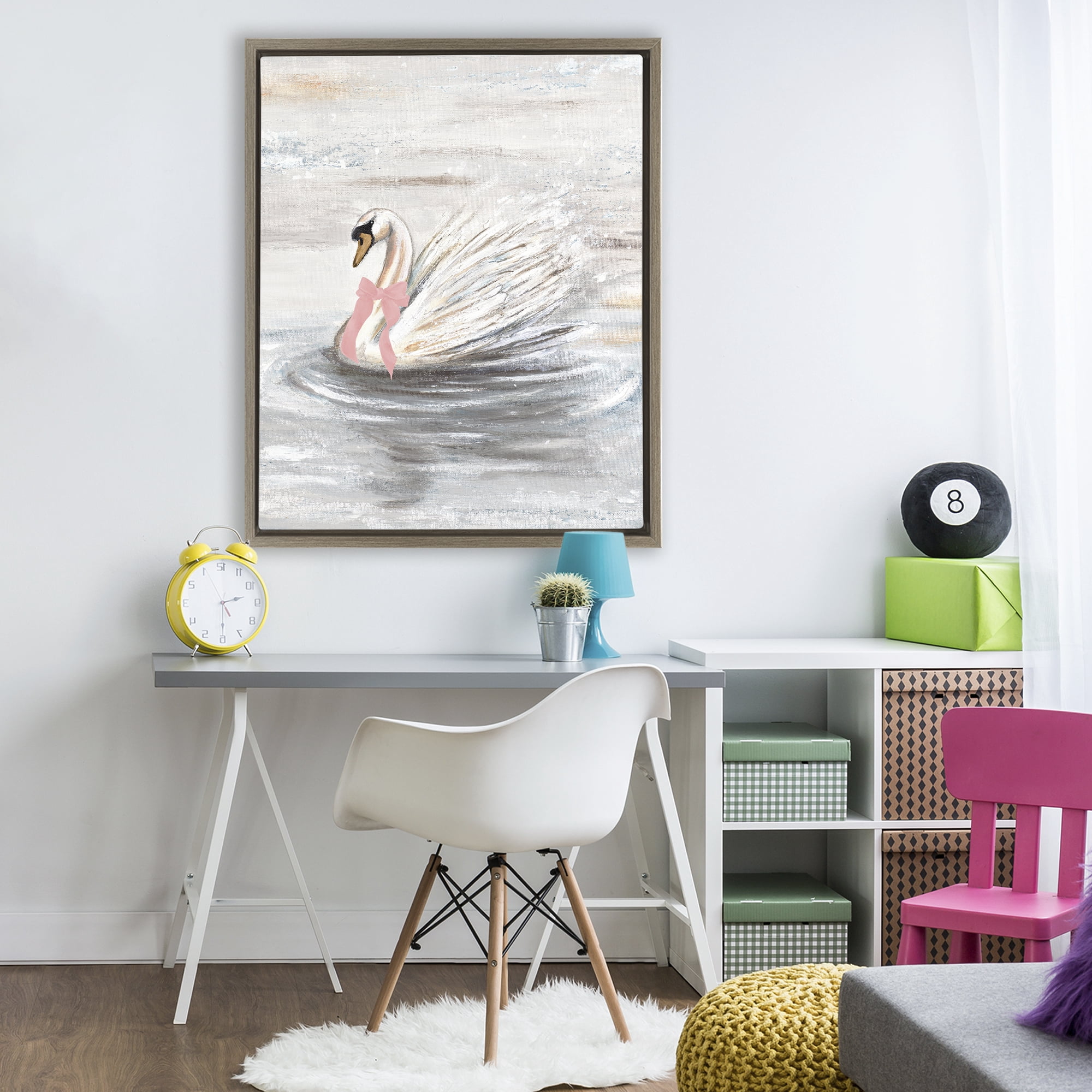 Stupell Industries Swan With Pink Bow & Ripples Brown Framed Floater Canvas Wall Art, design by Patricia Pinto