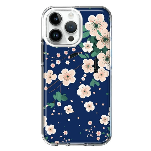 MUNDAZE Case for Apple iPhone 15 Pro Max Slim Hard Shell Soft TPU Hybrid Shockproof Heavy Duty Protective Phone Cover - Kawaii Japanese Pink Cherry Blossom Navy Blue