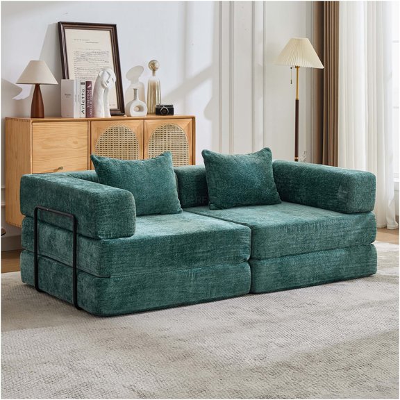 JERFIT Convertible Floor Sofa Bed with Memory Foam, Dark Green Chenille Fabric Modular Sectional Loveseat for Small Space, No Assembly Required