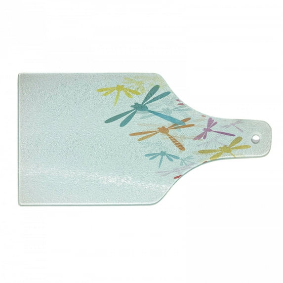 Dragonfly Cutting Board, Silhouette of Flying Winged Insects Bugs Nature Pattern in Several Tones Art, Decorative Tempered Glass Cutting and Serving Board, Wine Bottle Shape, Multicolor, by Ambesonne