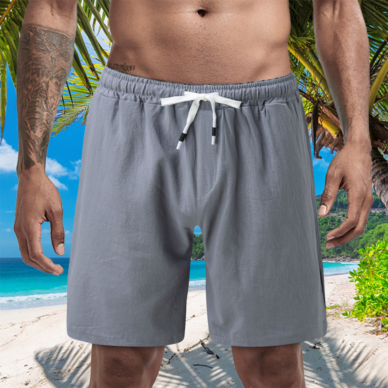 Summer Men Fashion Casual Pure-Color Beach Fitness Tether Elastic Swim Trunks