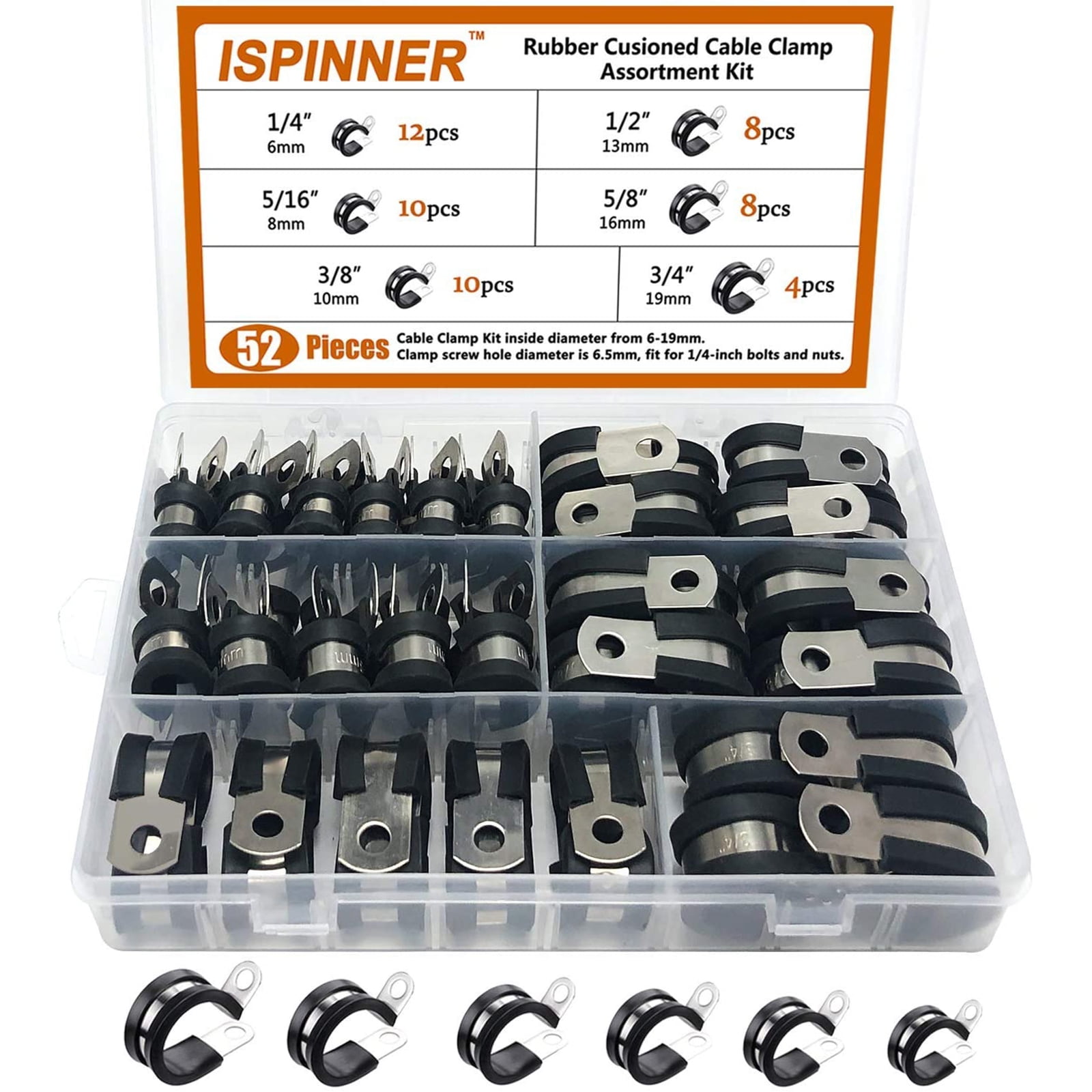 52pcs Cable Clamps Assortment Kit 6 Sizes 1/4 3/8 1/2 5/8 3/4 1 Cable Clamps Rubber Cushioned With Screws 304 Stainless Steel R Style Pipe Clamps Assorted Cable Wire 
