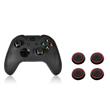 Insten Black Silicone Skin Case (+ 4 pcs Black/Red Analog Thumbstick Cap) for Microsoft xBox One / xBox One S / xBox One X Remote (Best Xbox One Media Remote)
