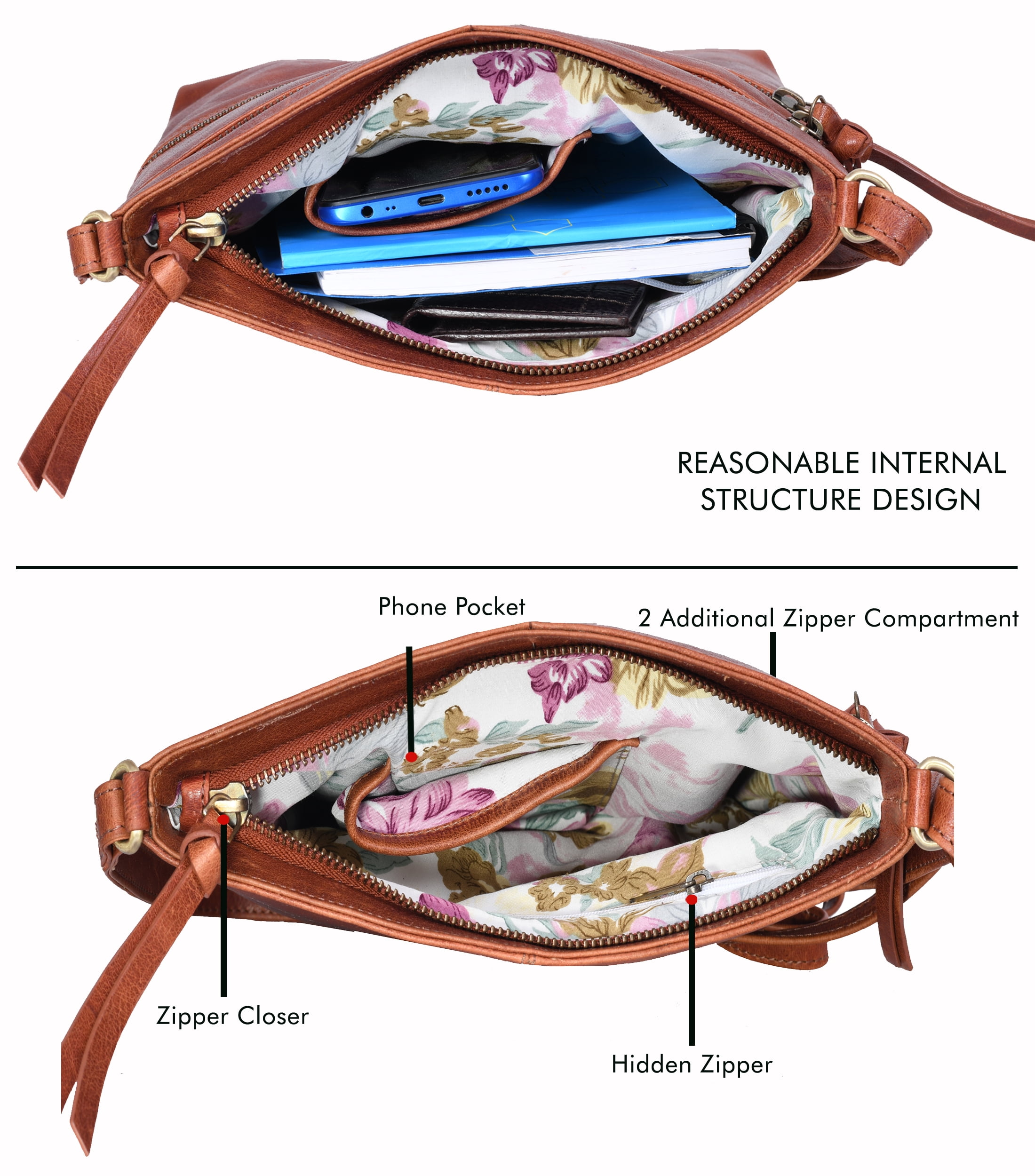 Estalon Women's Genuine Leather Crossbody Handbag, Butterrum