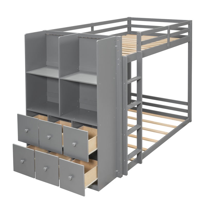 Twin Over Twin Bunk Bed with 6 Storage Drawers, 2-Tier Shelves & LED Light Strip, Reversible Wooden Bunk Bed Frame, Space-Saving Kids Bedroom Furniture