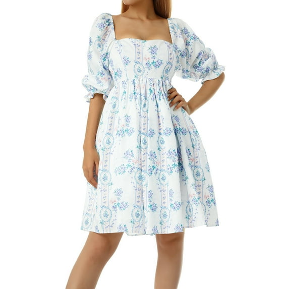 KOMOO Women A-Lined Short Dress Square Neck Short Puff Sleeve Dress High Waist Dress Plus Size