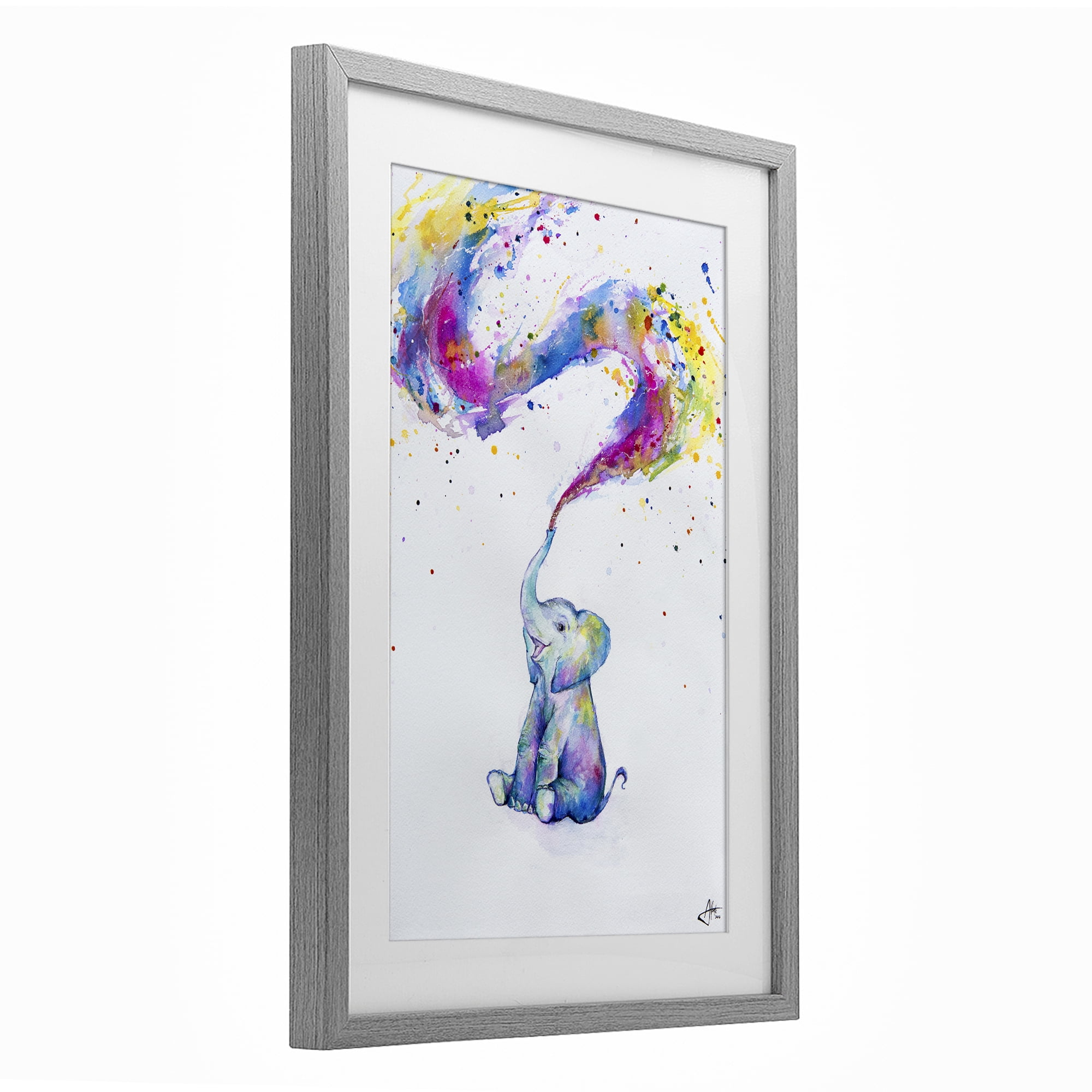 Stupell Industries Spring Elephant & Paint Splatter Gray Framed Print Under Glass, design by Marc Allante