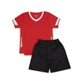 thumbnail image 3 of Hansber Kids Boys Basketball Jersey Football Uniform V Neck Shirts Tops with Sport Shorts Football Red 22, 3 of 7
