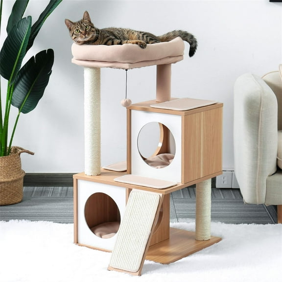 Pefilos 34" Cat Condo for Multiple Cat Tree Houses with Spacious Perch, Cat Tower for Big Cats, Beige
