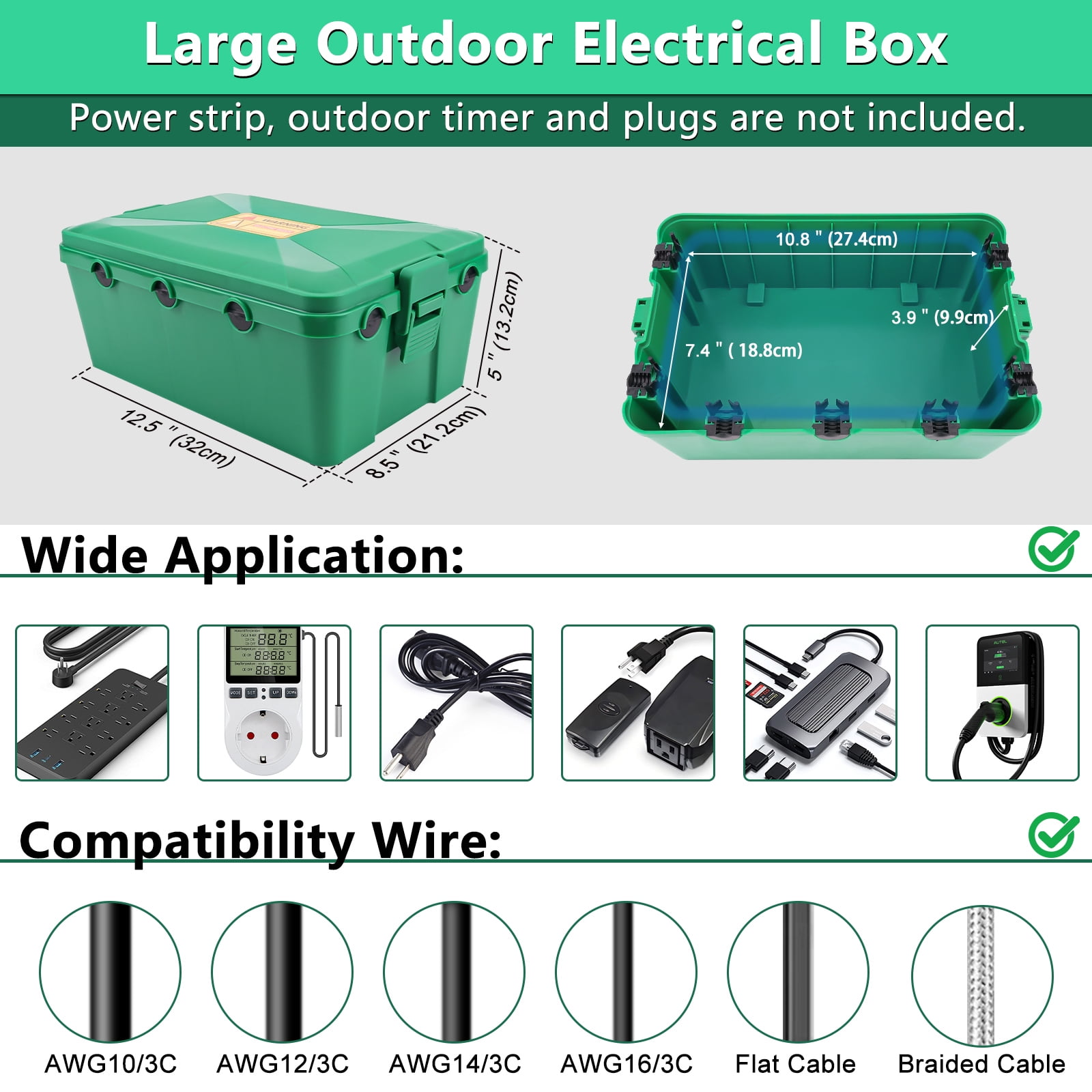 Greencycle IP54 Waterproof Electrical Box, Outdoor Weatherproof Plug Cover (12.5x8.5x5In),Extension Cord Cover for Timer, Extension Cord, Power Strip, String Light, Green,5PK