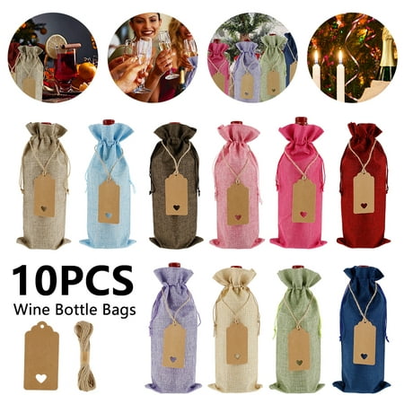 

Ghopy 10pcs Burlap Wine Bags with Drawstrings Wine Gift Bags Reusable Wine Bottle Covers with Ropes and Tags for Blind Wine Tasting Christmas Wedding Birthday Holiday Party Housewarming