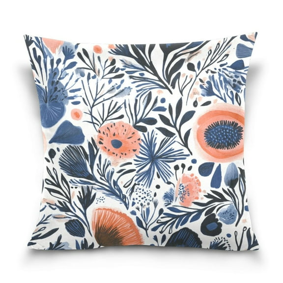 Navy Blue Floral Pattern 16x16 Inch Plush Velvet Pillowcase Double Sided Print, Hidden Zipper