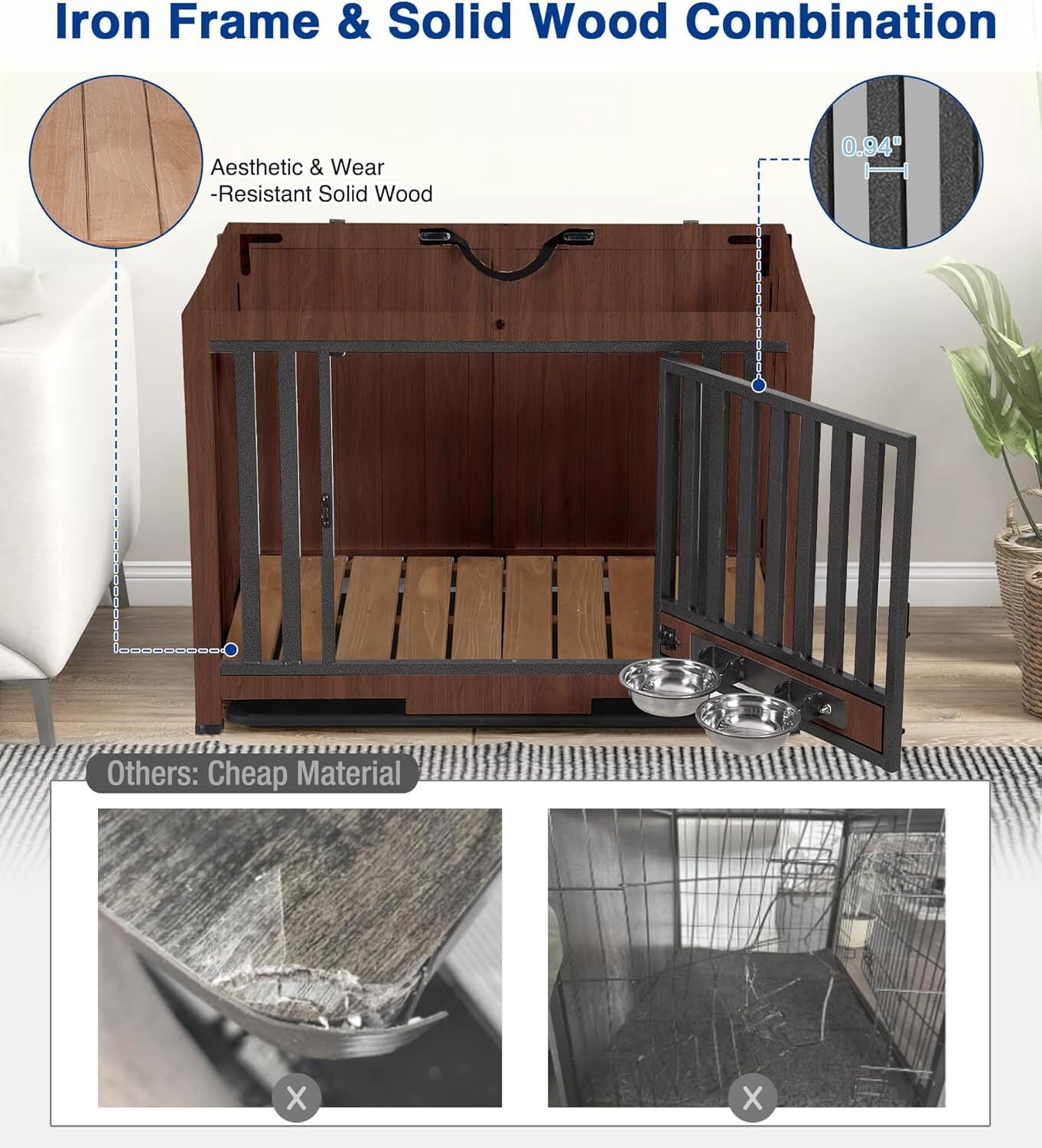 Aivituvin Dog Crate Furniture, Foldable Wooden Dog Kennel Furniture with 360° Rotating Feeding Bowls, Iron Frame Dog Crate with Deepened Sliding Tray , 39.4" L Brown