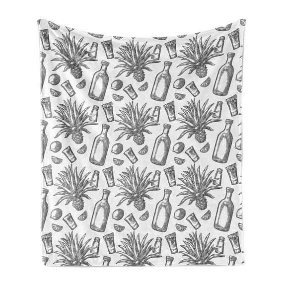 Agave Soft Flannel Fleece Blanket, Tropical Plant and Fruit Lime Salt Shot of Tequila Vintage Engraving Sketch, Cozy Plush for Indoor and Outdoor Use, 70" x 90", White Charcoal Grey, by Ambesonne