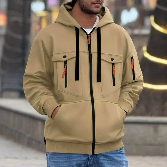 Royisotas with Zipper Hoodies for Men Winter Hooded Sweatshirts Big and Tall with Pockets Warm Khaki Long Sleeve Solid Color Mens Tops