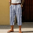 thumbnail image 4 of Favoffer Men Linen Cropped Pants Vertical Stripe Pattern Elastic Waist Waistband Button Fly Closure Side Pockets Capri Pants for Daily Walking Casual Outdoor, 4 of 9