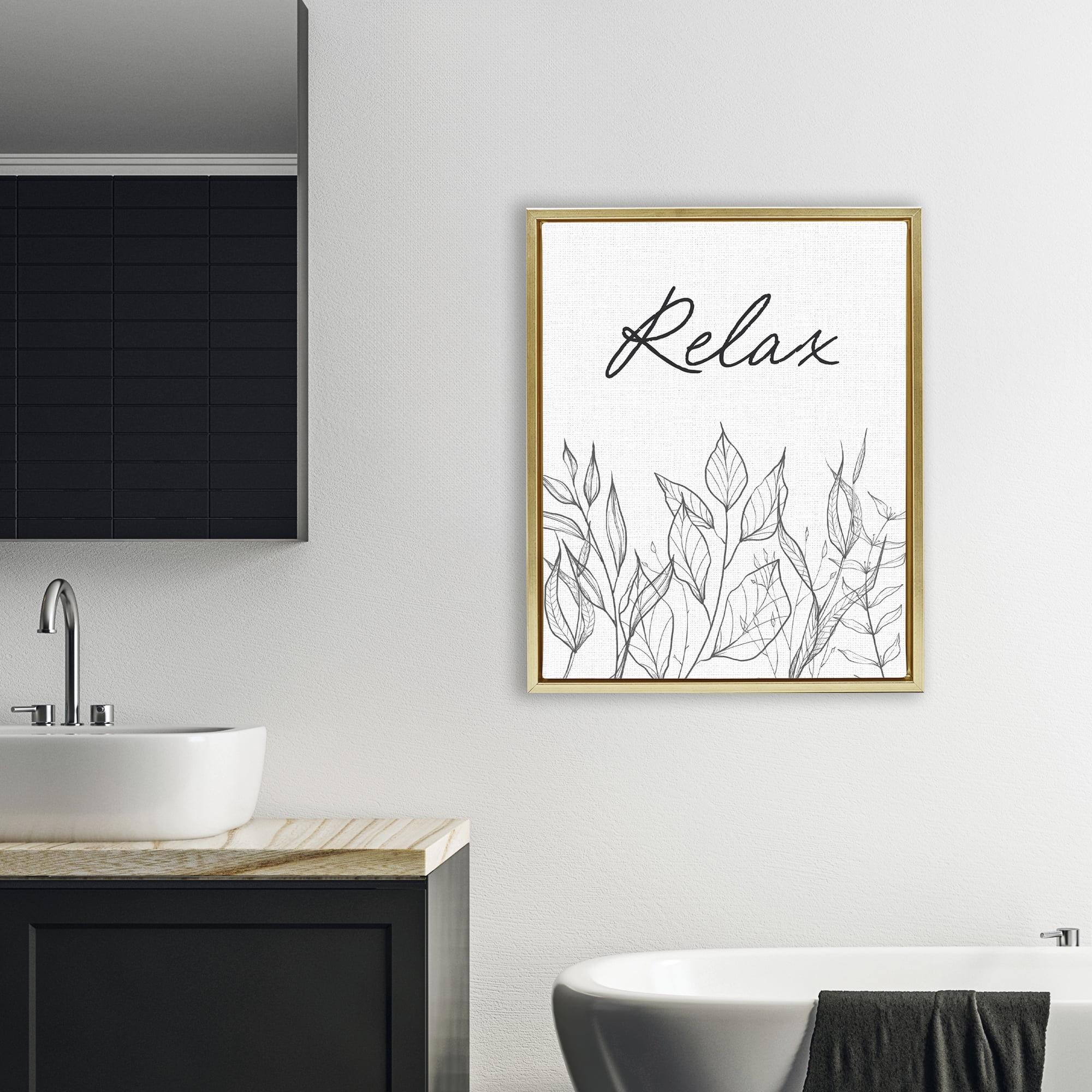 Relax with Leaf Outlines Gold Framed Floater Canvas Wall Art, design by Lettered and Lined
