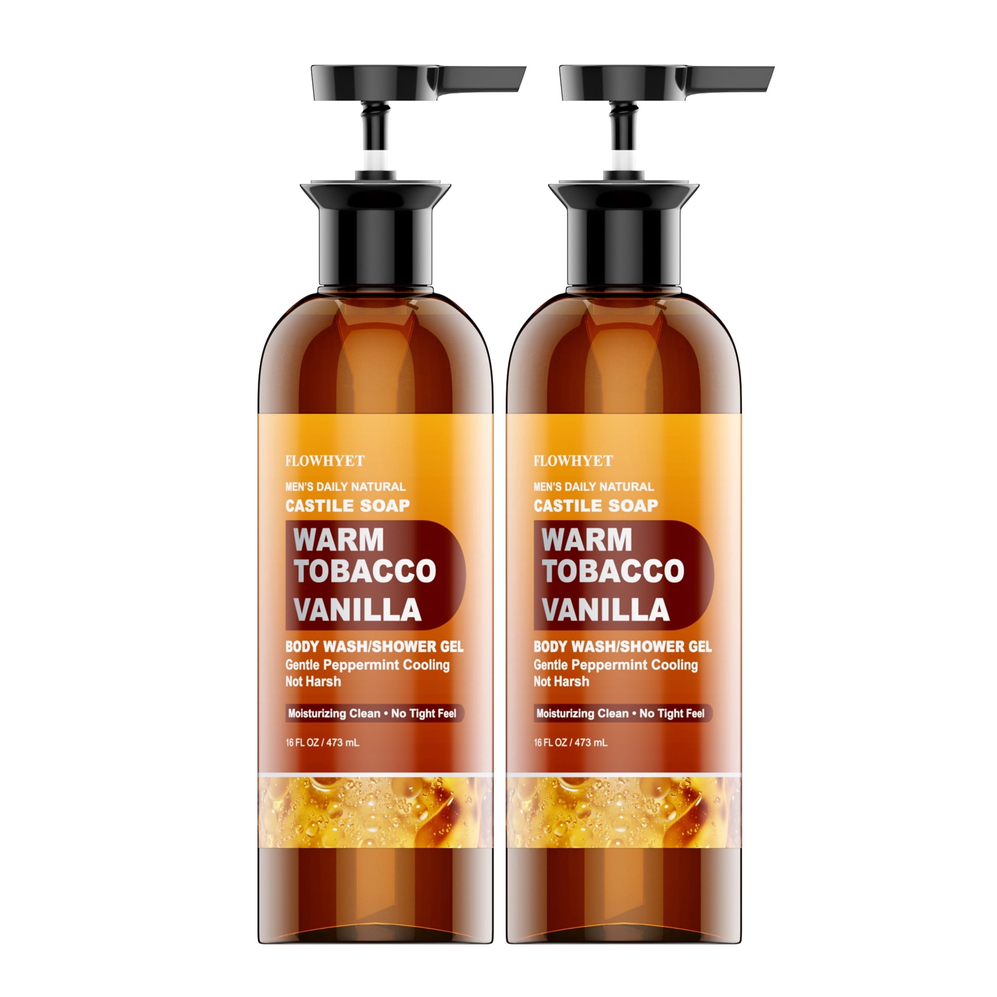 FLOWHYET Men’s Tobacco Vanilla Castile Soap Liquid Body Wash, Plant-Based Shower Gel with Olive, Coconut & Jojoba Oils, Light Peppermint Cooling Feel, 16 Fl Oz, 2 Pack