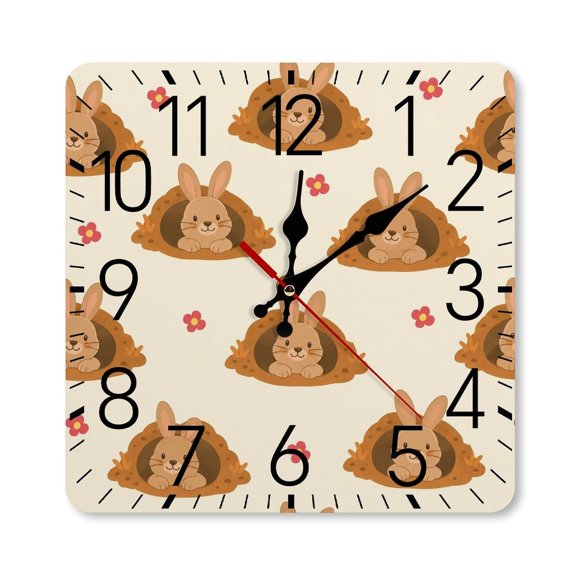 RKSupls 10×10inch Square Silent Wall Clock Wooden Frame, Bunny Burrow Flower Pattern Scale Decorative Clock for Home Bedroom Living Room Office