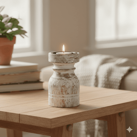 Expobazaar Candle Holder | Hand Carved Wooden Pillar Candle Stand| 6"