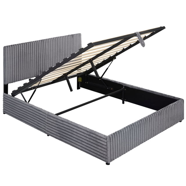 Gymax Queen Size Lift-up Storage Bed w/Hydraulic Lifts Wooden Slat Support Grey