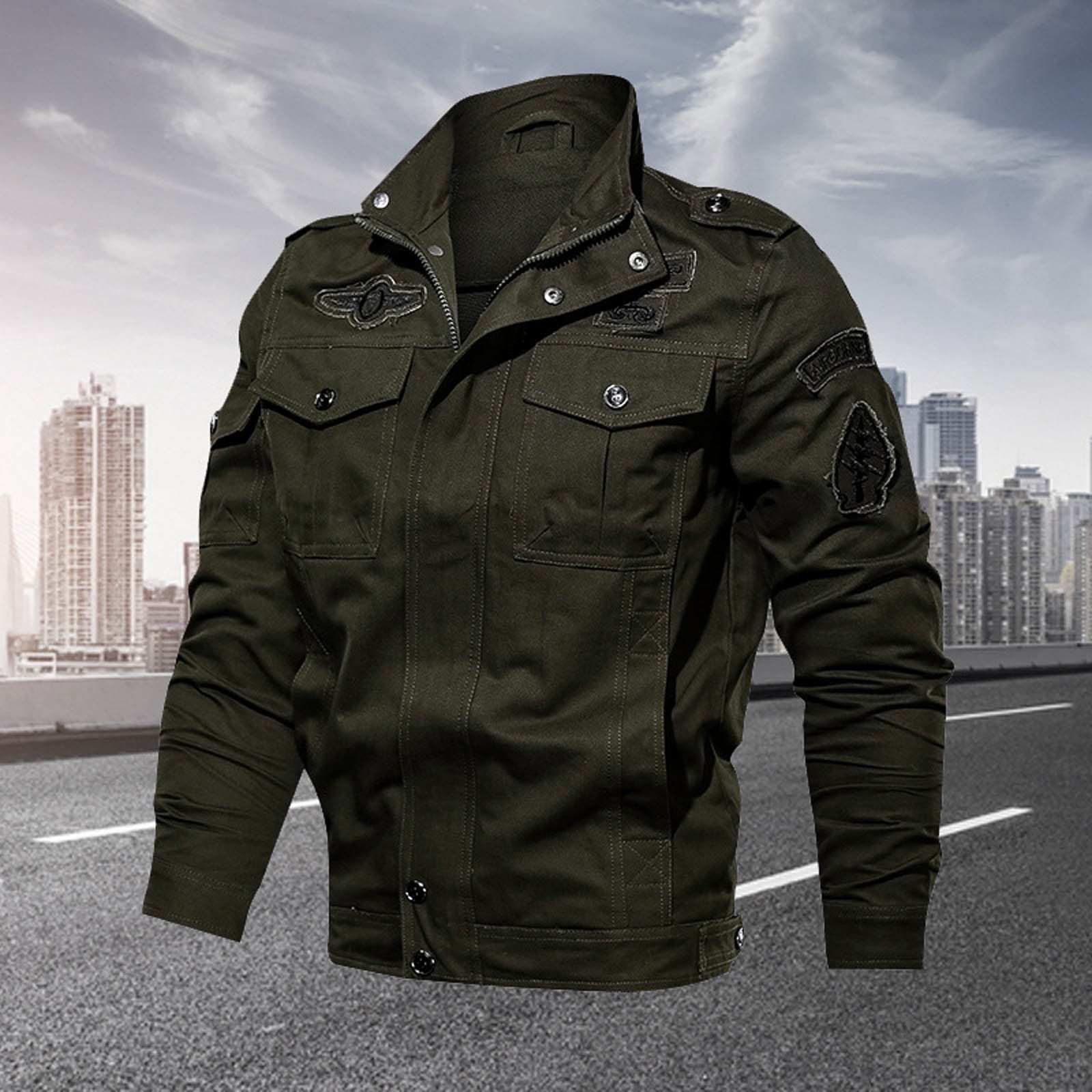 ZCFZJW Men Military Jacket Casual Cotton Utility Coat Spring Falls Durable  Army Cargo Bomber Full Zip Up Stand Collar Multi-Pocket Outwear & Jackets  Army Green XL 