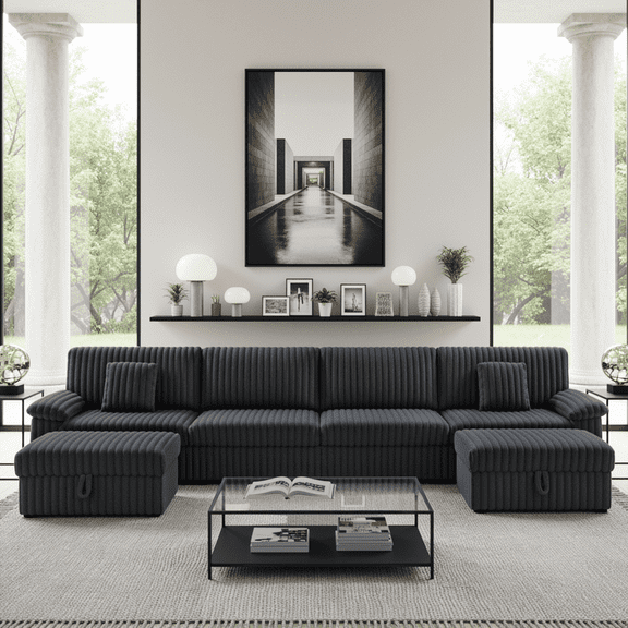 Homfa 4 Seater Sofa Couches with 2 Ottoman Chaise, Comfy Corduroy Sofa with USB Port & Pillows for Living Room, Dark Gray
