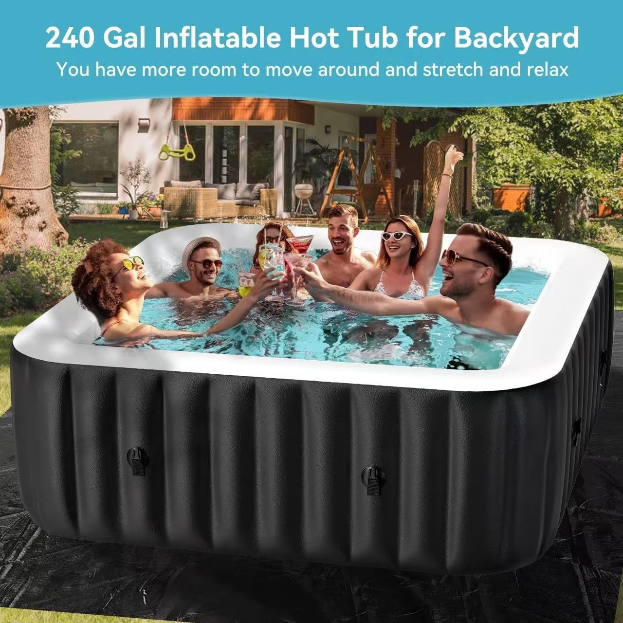 Outdoor Inflatable Hot Tub Spa for 6 Person, Square 240 Gallon Air Jet Hot Tub with 130 Bubble Jets, Pool Heater, Insulated Cover and Filters, Portable Hot Tubs for Patio, Backyard