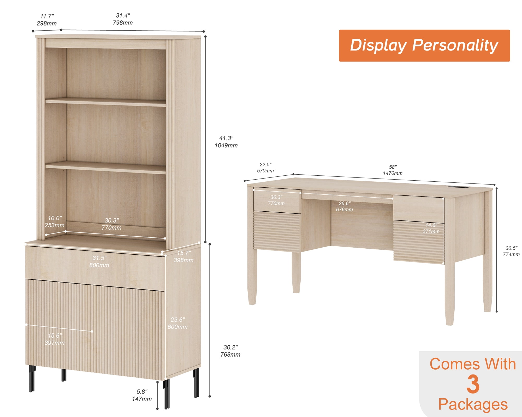 WAMPAT 2 Piece Home Office Furniture Set, 58" Desk with 71.5" Bookcase, Bookcase with 1 Drawer & 2 Doors, Adjustable Shelves, Modern Fluted Wood Office Furniture for Home Office, Study Room, Bedroom