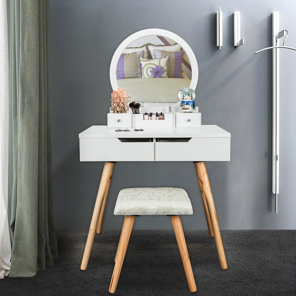 Lowestbest Wooden Dressing Table Set, Desk with Round Mirror and Two Drawers, Suitable for Bedroom and Office, White
