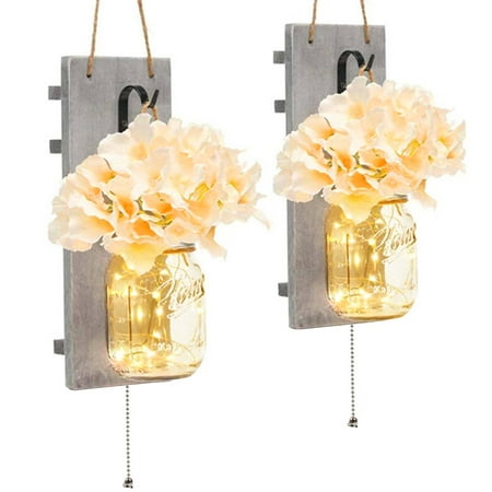 

2Pcs Mason Jar Sconces with LED Fairy Light Battery Powered Mason Jar Wall Decor Rustic Wall Sconces Home Decor Hanging Mason Jar Light with Artificial Flower for Farmhouse Bedroom