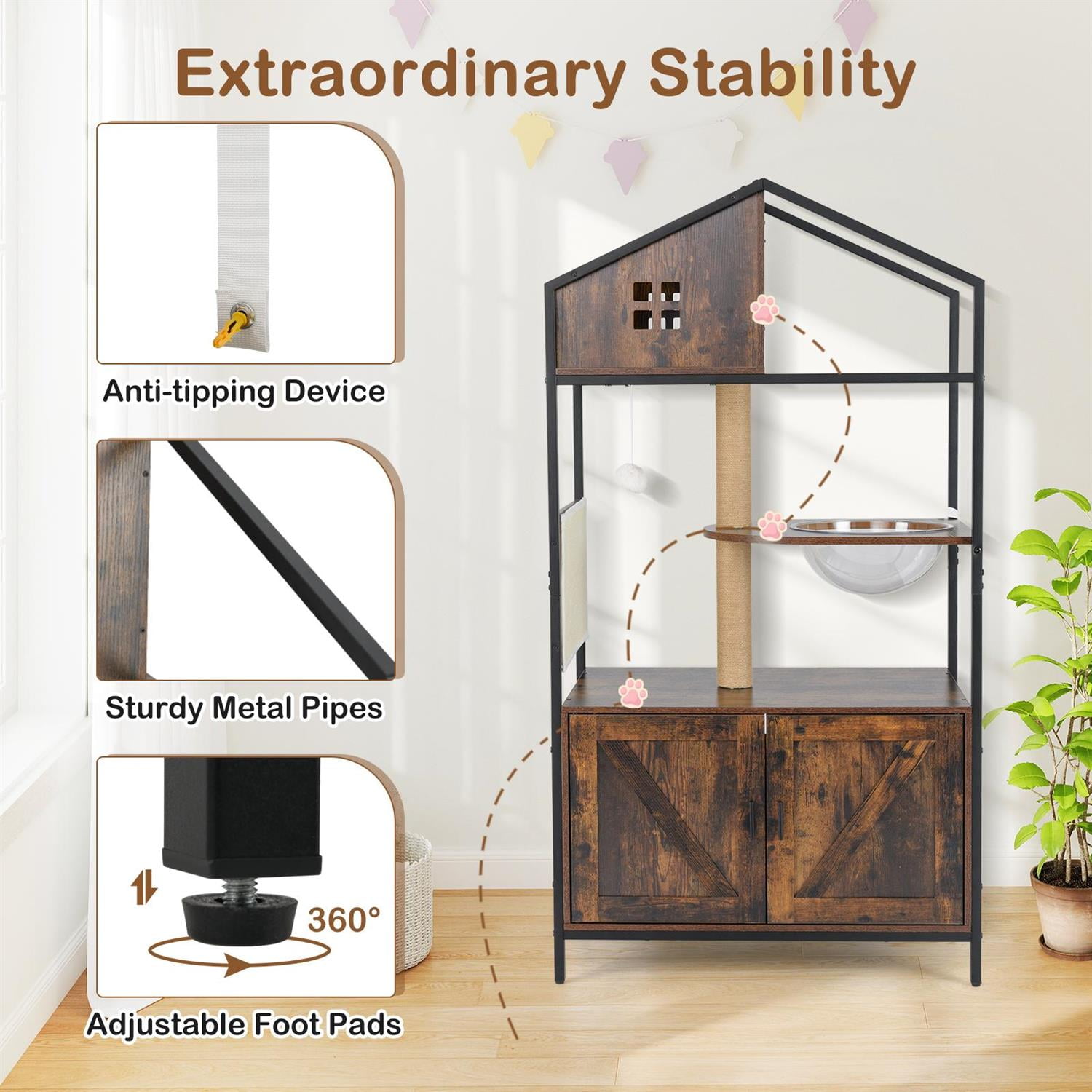 Pefilos Cat Tree with Litter Box Enclosure, Multi-Level Condo & Clear Capsule, Industrial Style, Rustic Brown