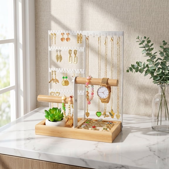 Jewelry Organizer for Women- 48 Earring Holes & 6 Necklace Hooks, Jewelry Storage Stand for Dresser Vanity