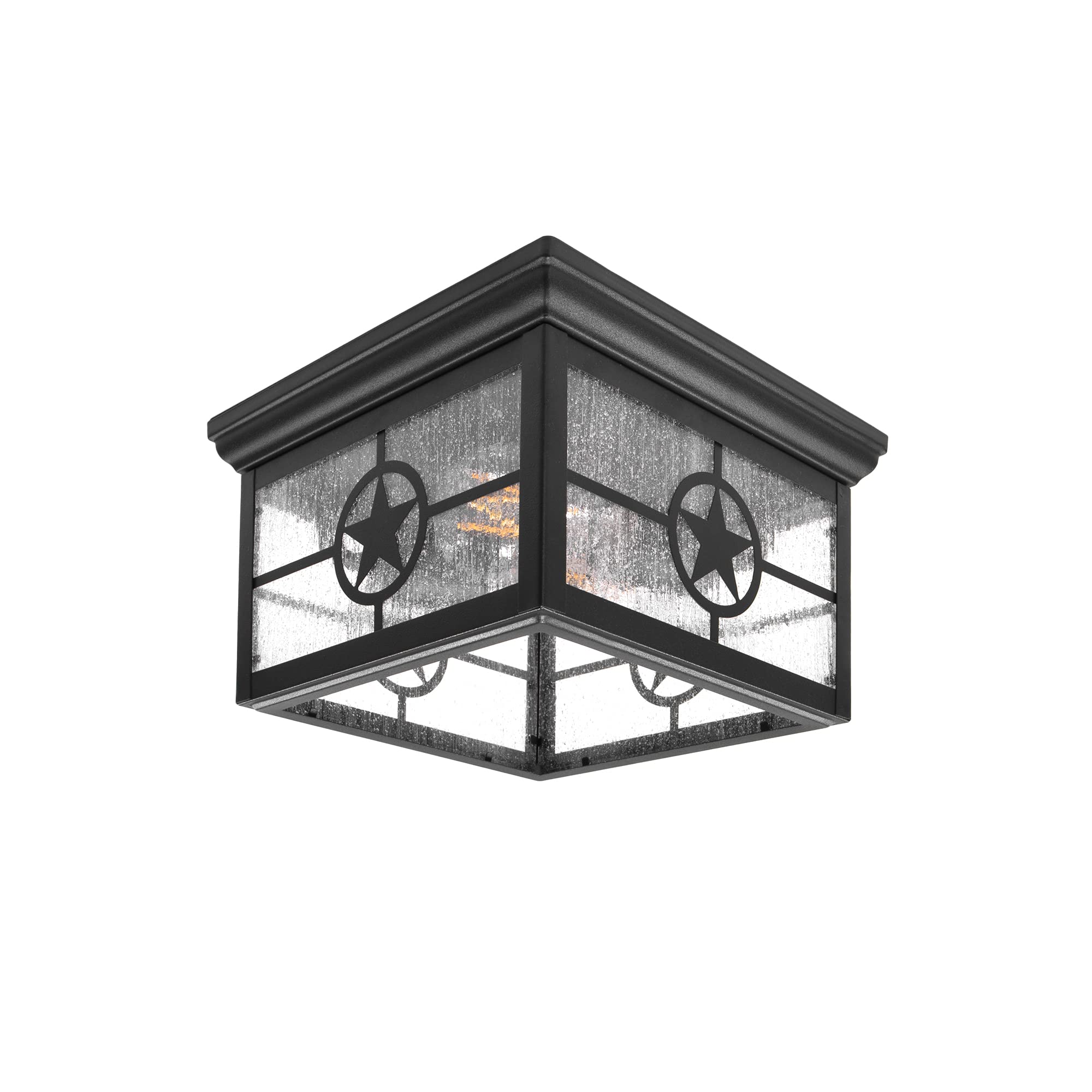 CORAMDEO Country Star Square Light Ceiling Mount Farmhouse Fixture,  Indoor or Outdoor, Two Standard Sockets, Open Bottom, Damp Location, Black  Powder Coat Finish with Seedy Glass (OC0031S-E26-BLK)