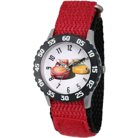 Black Bezel Watch - Disney Cars 3 Lightning McQueen and Cruz Ramirez Boys' Stainless Steel Time Teacher Watch, Black Bezel, Red Hook and Loop Nylon Strap with Black Backing