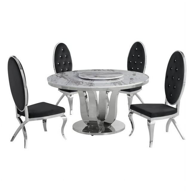 6pc. White Marble Dining Set with Lazy Susan and Silver Stainless Steel