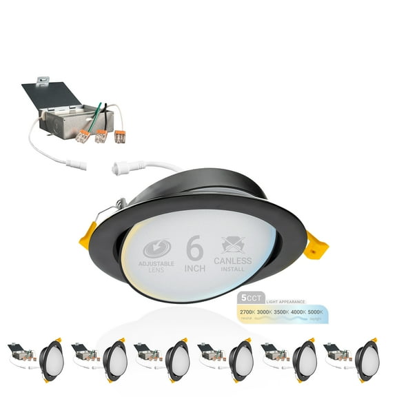 NUWATT 6 Inch Black Gimbal LED Recessed Lighting Canless Wafer Lights, 5CCT 2700K/3000K/3500K/4000K/5000K, Dimmable, 1050LM, 12W, Downlight Adjustable Recessed Swivel LED Sloped Ceiling Light, 6 Pack