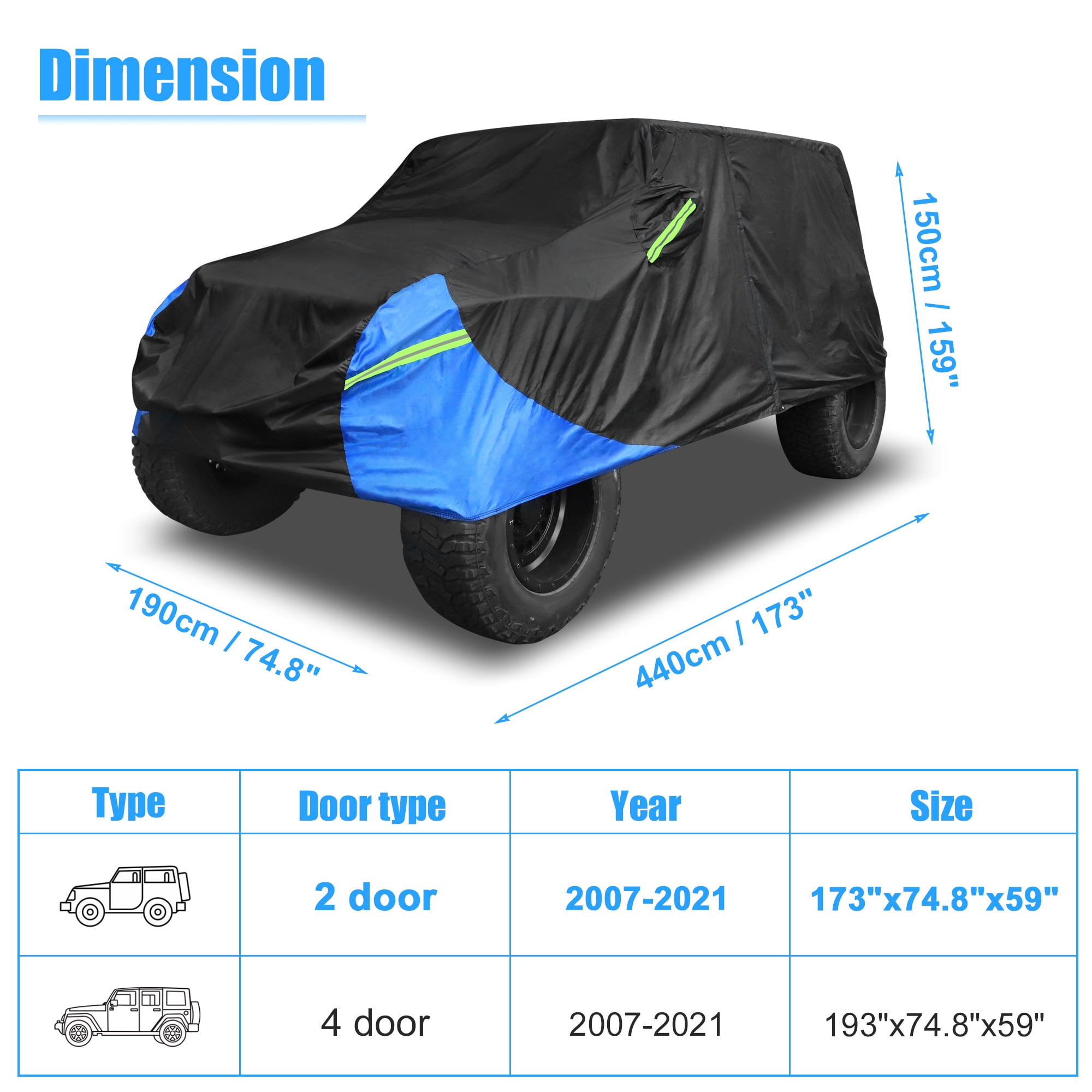 Unique Bargains Car Cover for Jeep Wrangler JK JL 2 door 07-21 210D Outdoor Black Blue