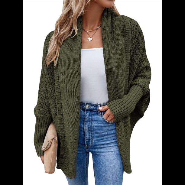Suéter Tipo Cárdigan para Mujer, de Gran Tamaño, de Punto Grueso, Holgado, Cruzado, con de Murciélago y Frente Abierto Verde XL
