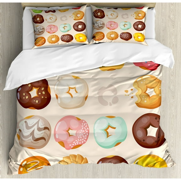 Donut King Size Duvet Cover Set, Different Kinds of Delicious Doughnuts Glazed Sweet Jelly Pastries Sugary Treats, Decorative 3 Piece Bedding Set with 2 Pillow Shams, Multicolor, by Ambesonne