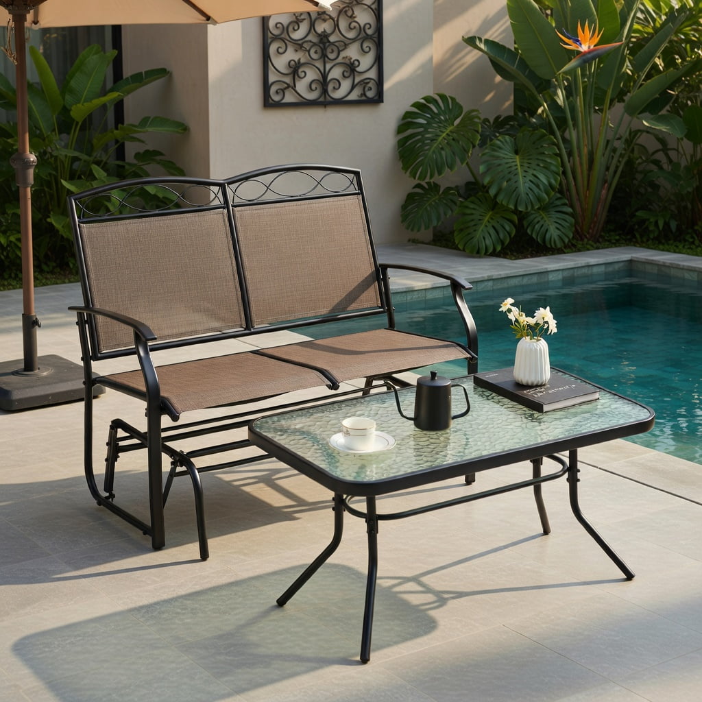 Hommoo Outdoor Gliding Loveseat with Tempered Glass Coffee Table Set, 2-Piece Patio Furniture for Backyard, Porch & Poolside, Metal Frame, Breathable Fabric Seating, Brown