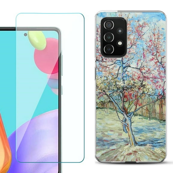 Slim-Fit Flexible Gel TPU Phone Case compatible with Samsung Galaxy A52 5G, with Tempered Glass Screen Protector, by OneToughShield ® - Blossom Tree