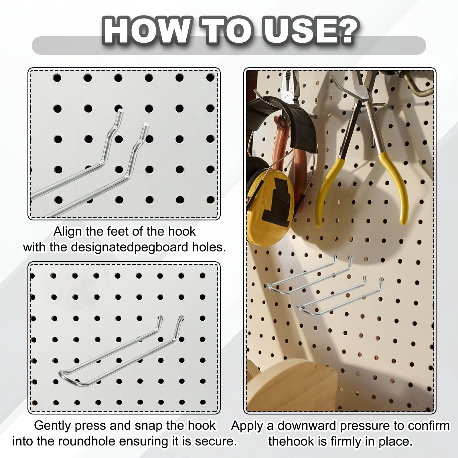 Uxcell 10 Pcs Pegboard Hooks,  9.8 Inch Peg Board Hooks Kit Fit 1/6" Pegboard Garage for Hanging Shelving Tool Storage Craft Organizing, Silver Tone
