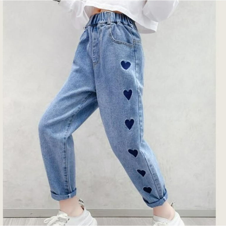 Girls Jeans Cute Hearts Printed Oversized Joggers Elastic Waist
