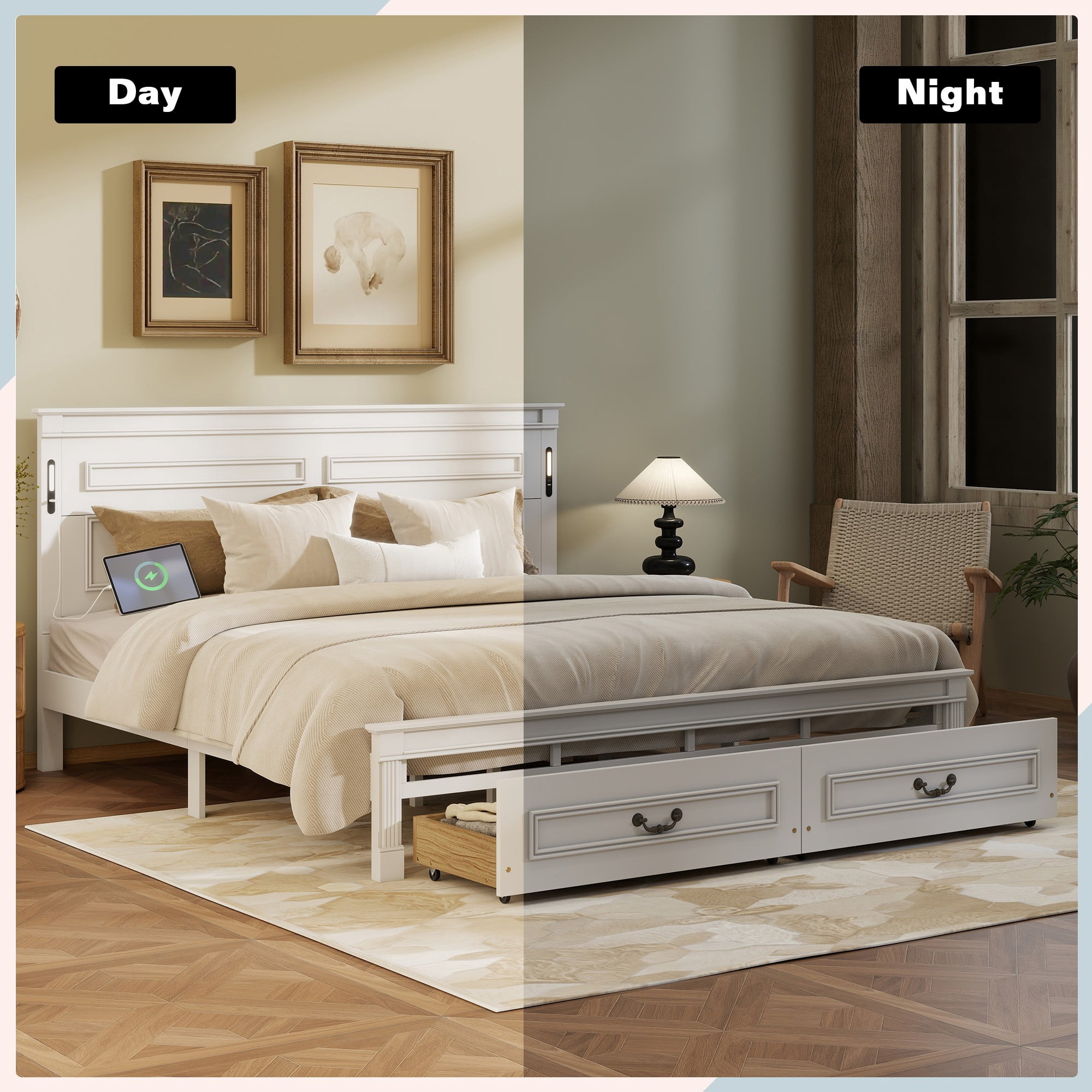 Aukfa King Size Storage Bed Frame with 46" Tall LED Headboard, USB & Type-C Charging Station, Farmhouse Solid Wood Platform Bed with Drawers, White