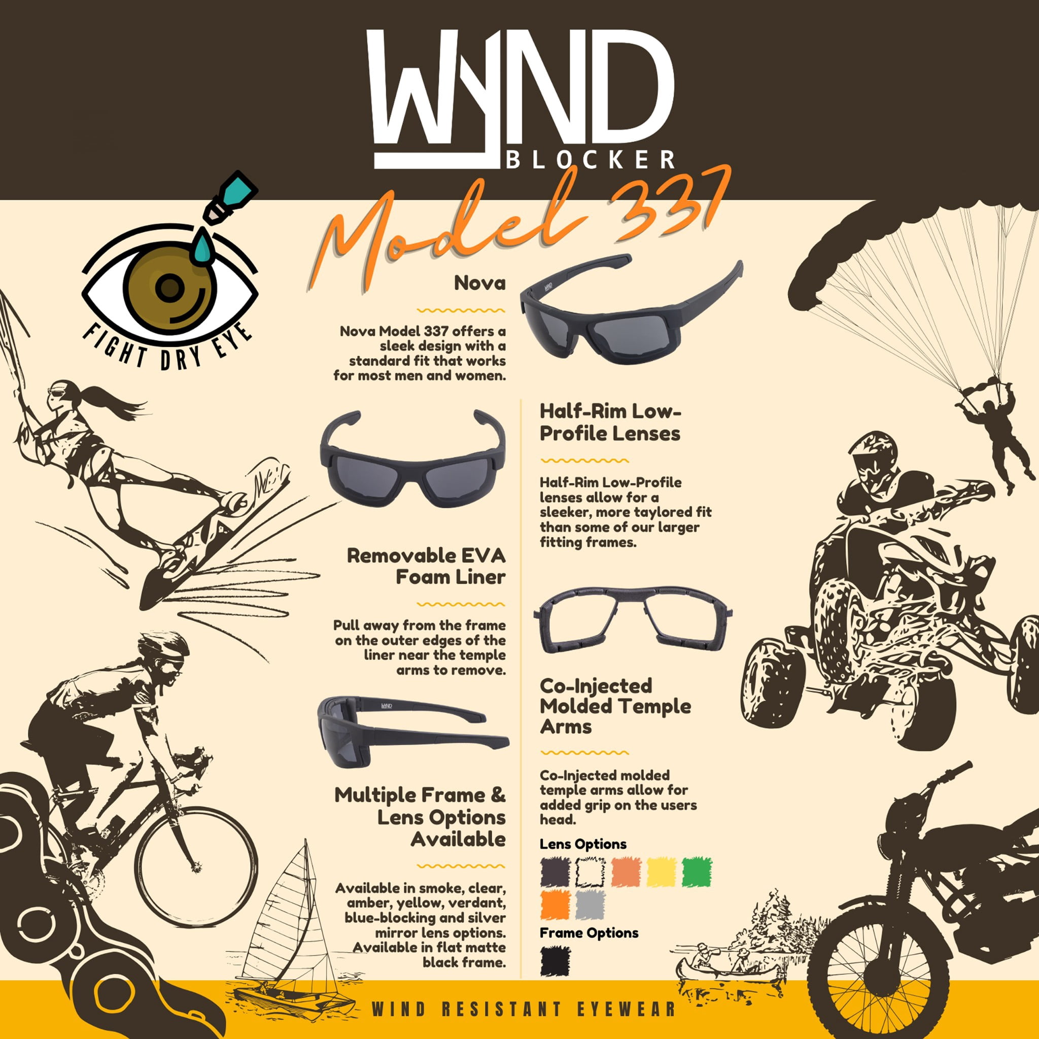 WYND Blocker Nova Wind Resistant Motorcycle Riding Sunglasses Dry Eye Glasses (M337 - Black, Smoke)