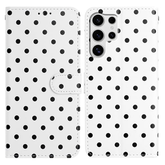 for Samsung Galaxy S23 Ultra Wallet Case with Wrist Strap - Faux Leather Flip Folio Phone Case with Card Holder Slot Kickstand Cute Aesthetic Small Round Dot Design for Women Ladies, White