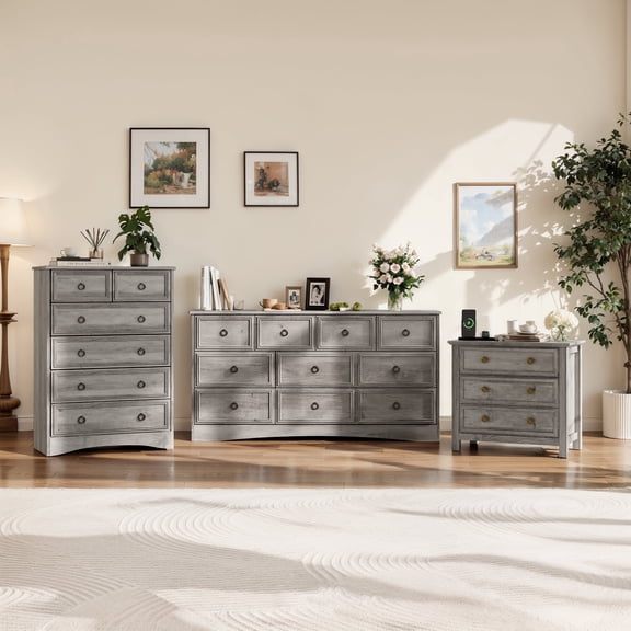 Holliwill Dresser Nightstands Set, 3 Pieces Bedroom Furniture Set, Wide 10 Drawer Dresser, Tall 6 Drawer Dresser and 3 Drawer Nightstand with Charging Station, Grey