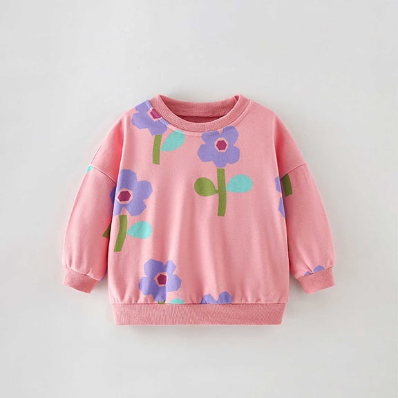 Girls Tshirts Cozy Long Sleeve Crew Neck Cartoon Print Sweatshirt for Daily Wear Girls' Tops Tees Blouses Pink 2 Years-3 Years